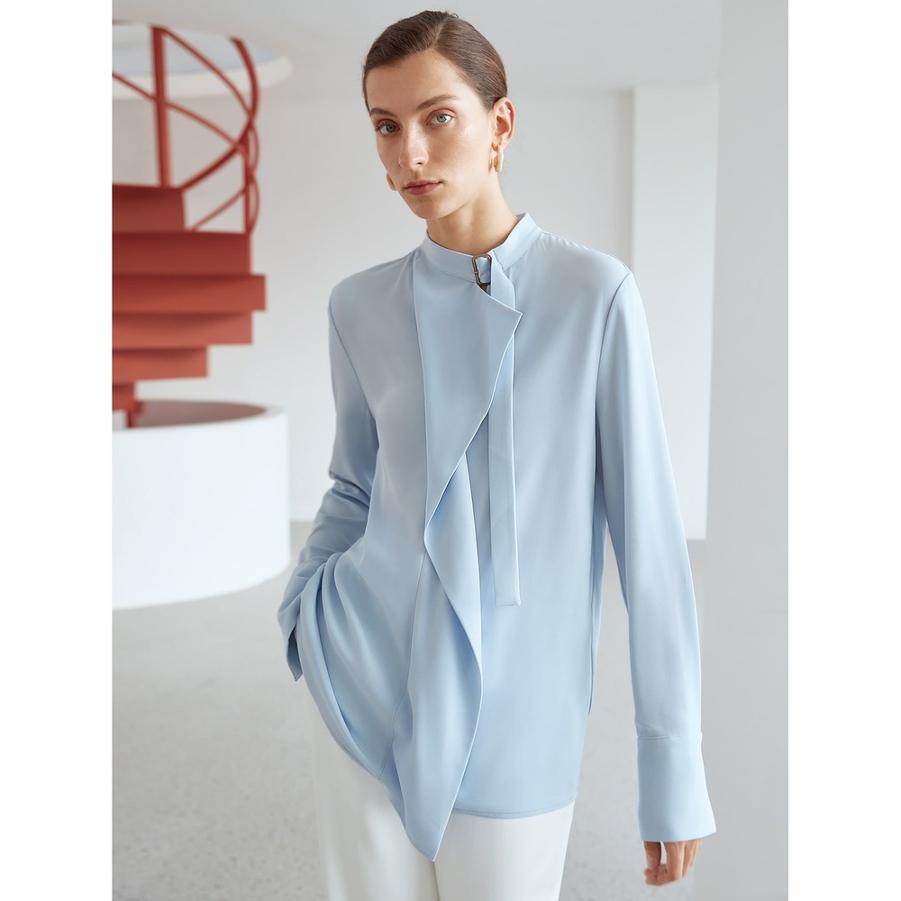 MOTF Blouse XS Baby Blue Professional Buckle Mock Neck Long Sleeve French Cuff